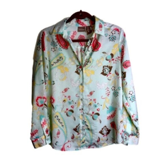 Chico’s Button Front  Blouse Mint Green Print S Long Sleeves Paisley - Picture 1 of 9